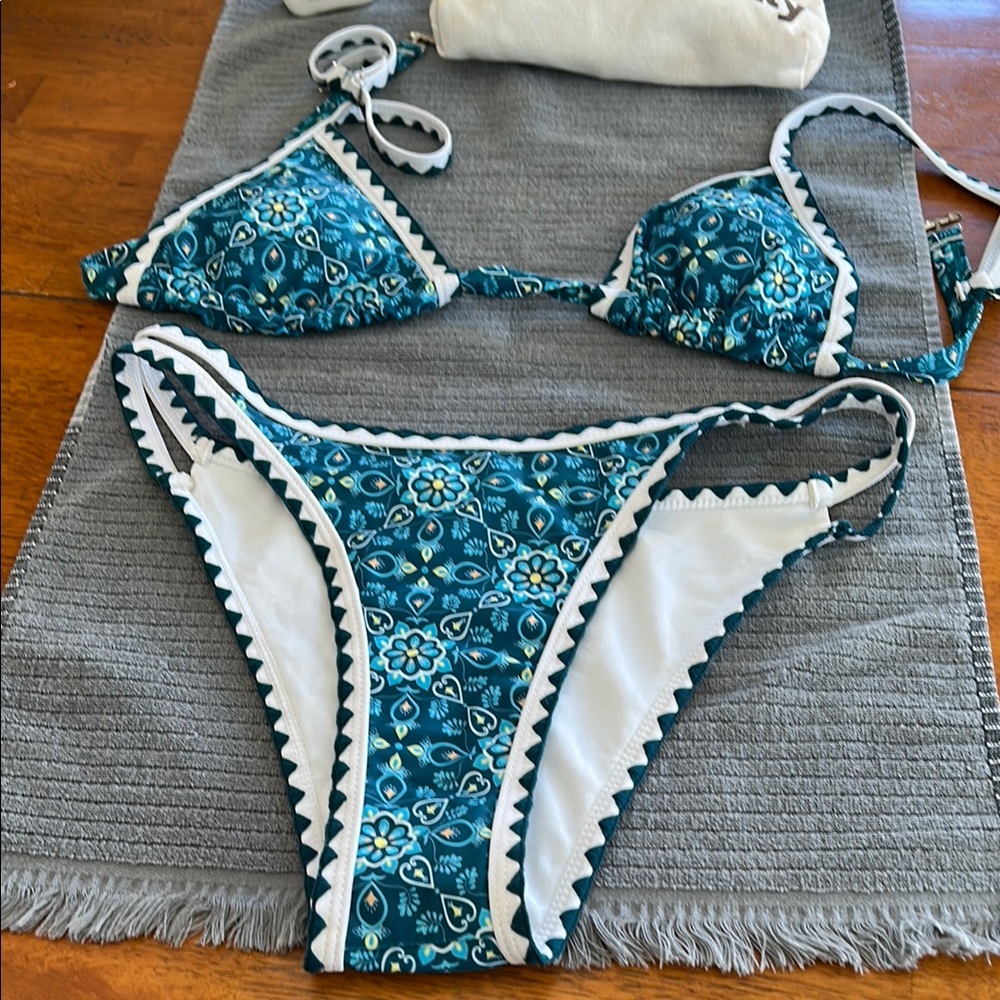 Teal and White Floral Bikini Set